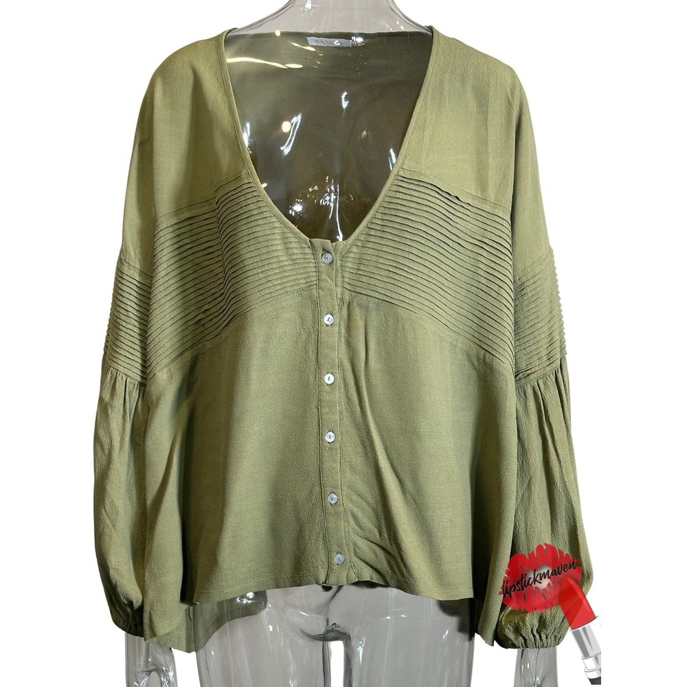 Sancia‎ Blouse Womens Medium Sage Green Billowy Top Boho Shirt Balloon Sleeves